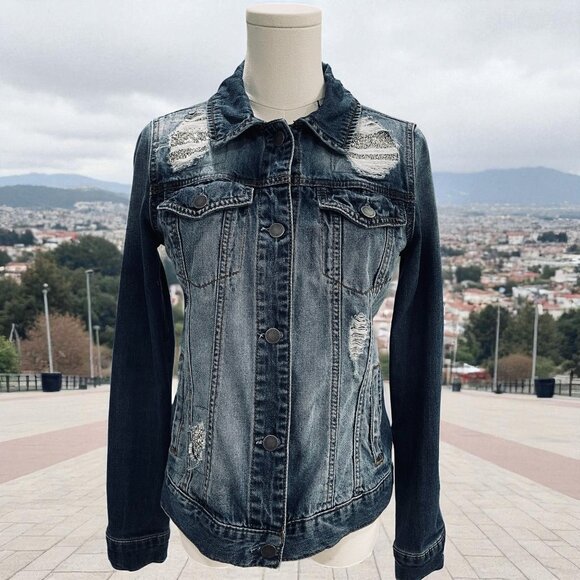 Juicy Couture Jackets & Blazers - Juicy Couture XS Rhinestone Distressed Denim Jacket Y2K Bling Glam Grunge
